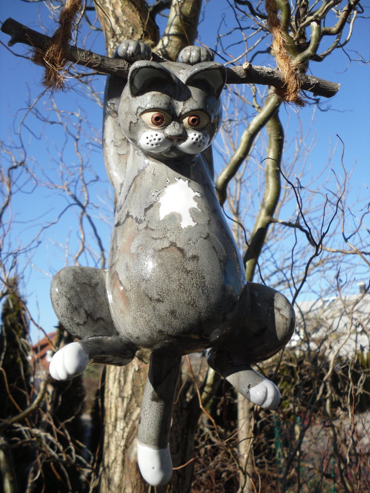 Katze Keramik grau, getigert, hängend, frostsicher, Gartendeko eBay